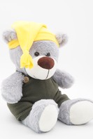 Мягкая игрушка Медведь Дюкан в жёлтом колпаке с кисточкой и зелёном комбинезоне,  26/36 см, 0640928S-29-62