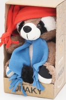 Мягкая игрушка в маленькой подарочной коробке Енот Крош, 20/26 см, с шариками для мелкой моторики в красном колпаке с кисточкой и голубом шарфе, 0755230-28-54K