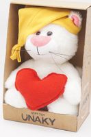 Мягкая игрушка в средней подарочной коробке Кошка Глория, 24/35 см, с шариками для мелкой моторики, в желтом колпаке с кисточкой и с красным сердцем, 0800823-29-44M
