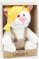 Мягкая игрушка в средней подарочной коробке Кошка Глория, 24/35 см, с шариками для мелкой моторики, в бежевом комбинезоне и желтом колпаке с кисточкой, 0800823-29-64M