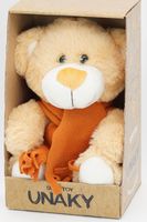 Мягкая игрушка в маленькой подарочной коробке Медвежонок Сильвестр золотой в кирпичном шарфе, 20/25 см, с шариками для мелкой моторики, 0913120-26K
