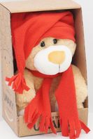 Мягкая игрушка в маленькой подарочной коробке Медвежонок Сильвестр золотой, 20/25 см с шариками для мелкой моторики в красных колпаке с кисточкой и шарфе, 0913120-28-50K