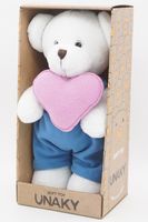 Мягкая игрушка в большой подарочной коробке Мишка Аха белоснежный, 33 см с розовым сердцем и в голубом комбинезоне, 0913333S-33-63L
