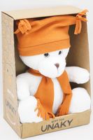 Мягкая игрушка в большой подарочной коробке Медвежонок Кавьяр , 24/32 см в кирпичных шапке-ушанке и шарфе, 0913424S-26-31M