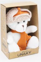 Мягкая игрушка в средней подарочной коробке Медвежонок Кавьяр , 24/32 см в кирпичных шапке-ушанке и шарфе, 0913424S-26-43M