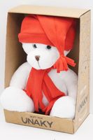 Мягкая игрушка в средней подарочной коробке Мишка Аха белоснежный , 24/32 см в красных колпаке с кисточкой и шарфе, 0913424S-28-50M