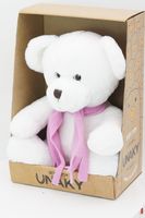 Мягкая игрушка в средней подарочной коробке Мишка Аха белоснежный , 24/32 см во флисовом шарфе цвета цикламен, 0913424S-51M