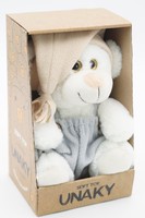 Мягкая игрушка в маленькой подарочной коробке Медвежонок Сильвестр белый, 20/25 см, в сером комбинезоне и бежевом колпаке с кисточкой, 0913820-39-57K