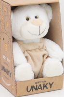 Мягкая игрушка в маленькой подарочной коробке Медвежонок Сильвестр белый, 20/25 см в бежевом флисовом комбинезоне, 0913820-64K